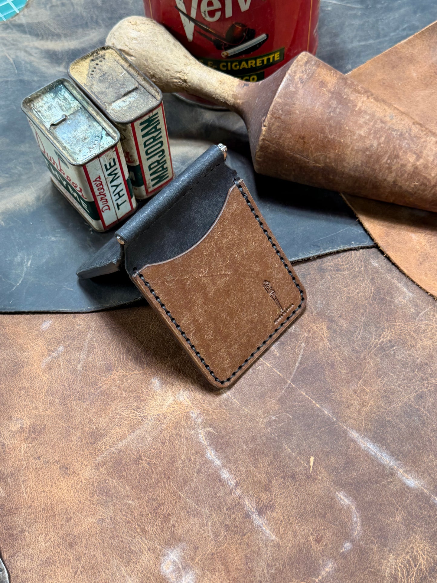 Hand Made Full Grain Leather Money Clip Front Pocket Wallet in Black and Dark Brown
