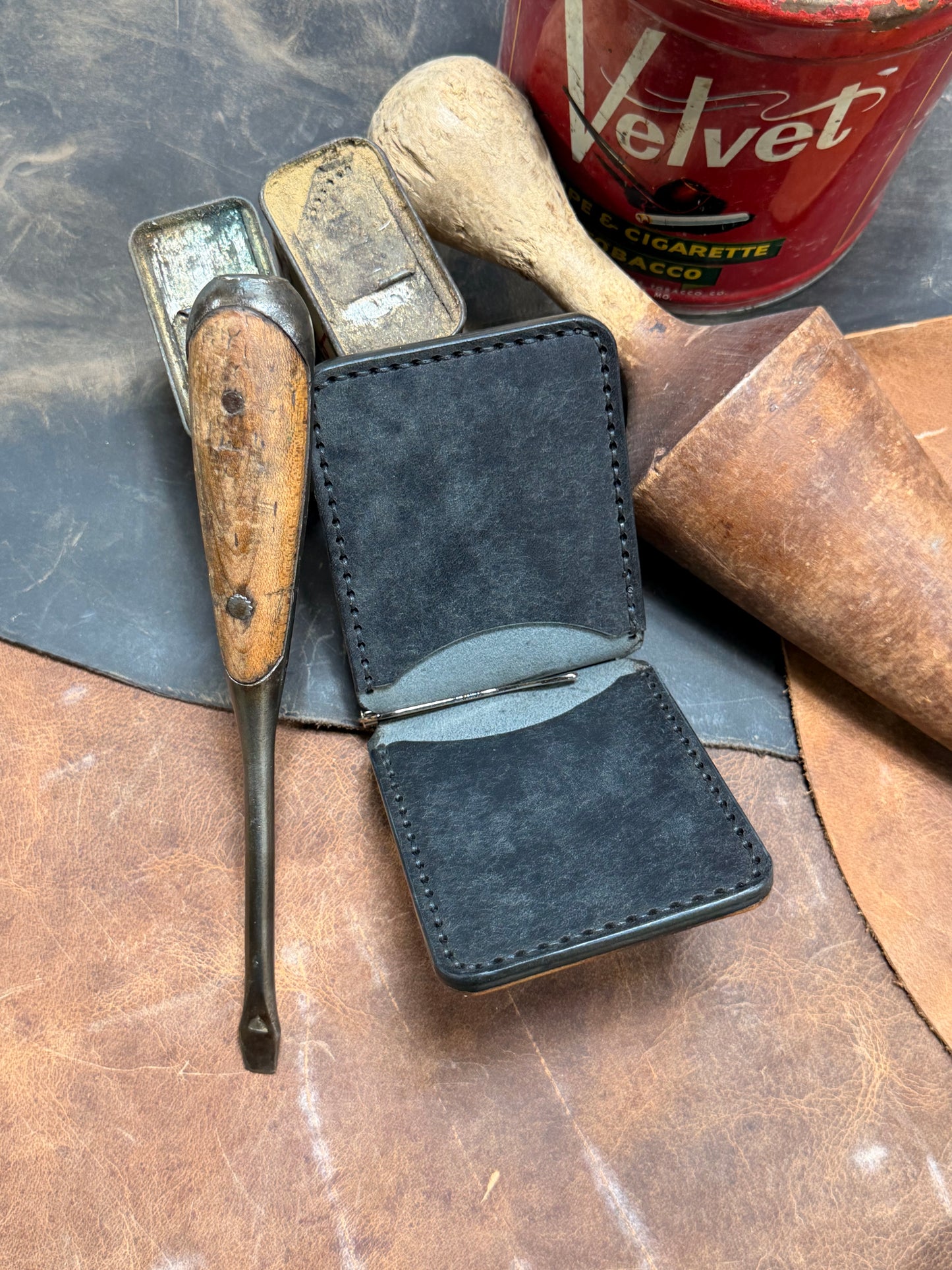 Hand Made Full Grain Leather Money Clip Front Pocket Wallet in Black and Dark Brown
