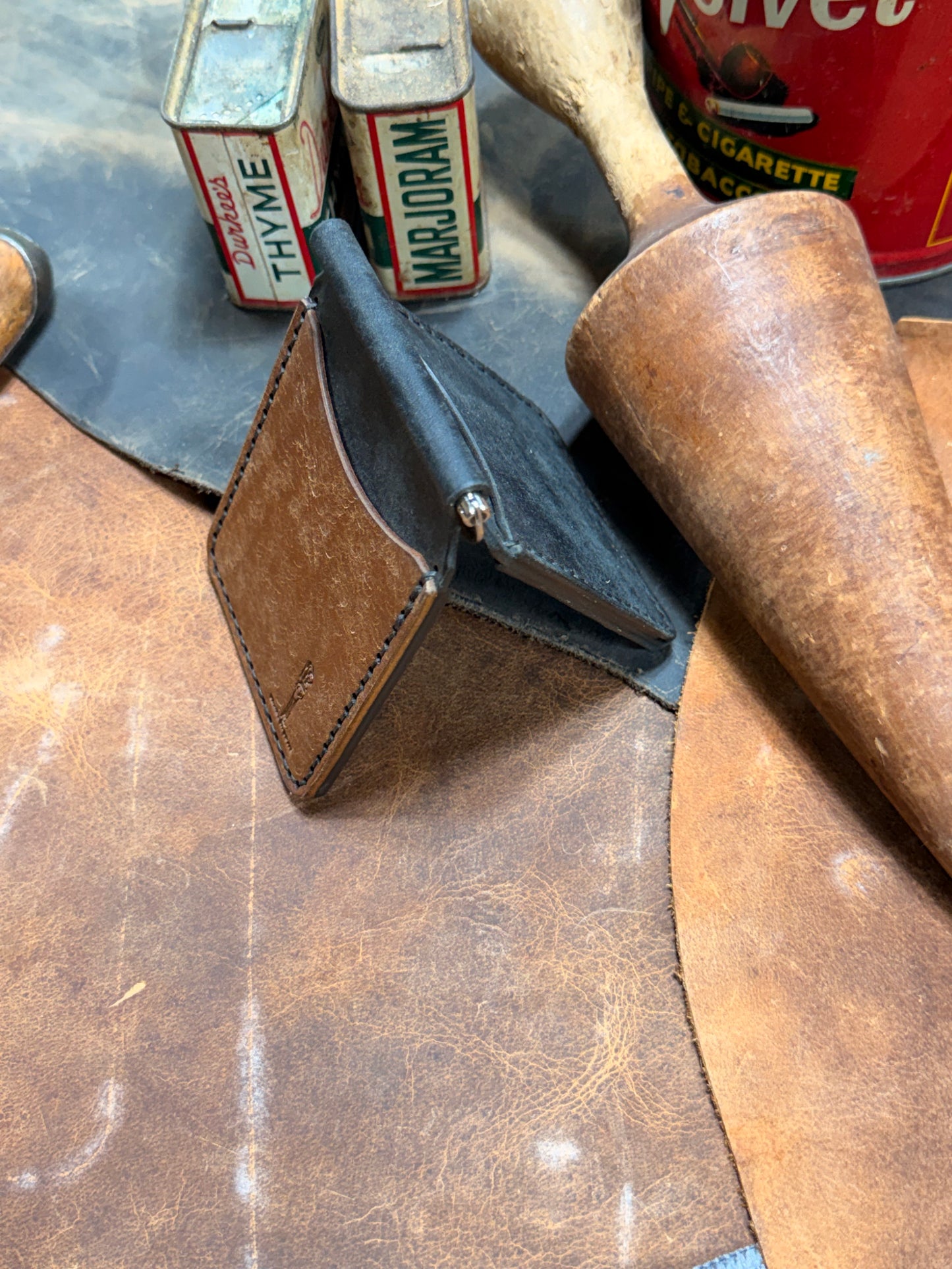 Hand Made Full Grain Leather Money Clip Front Pocket Wallet in Black and Dark Brown