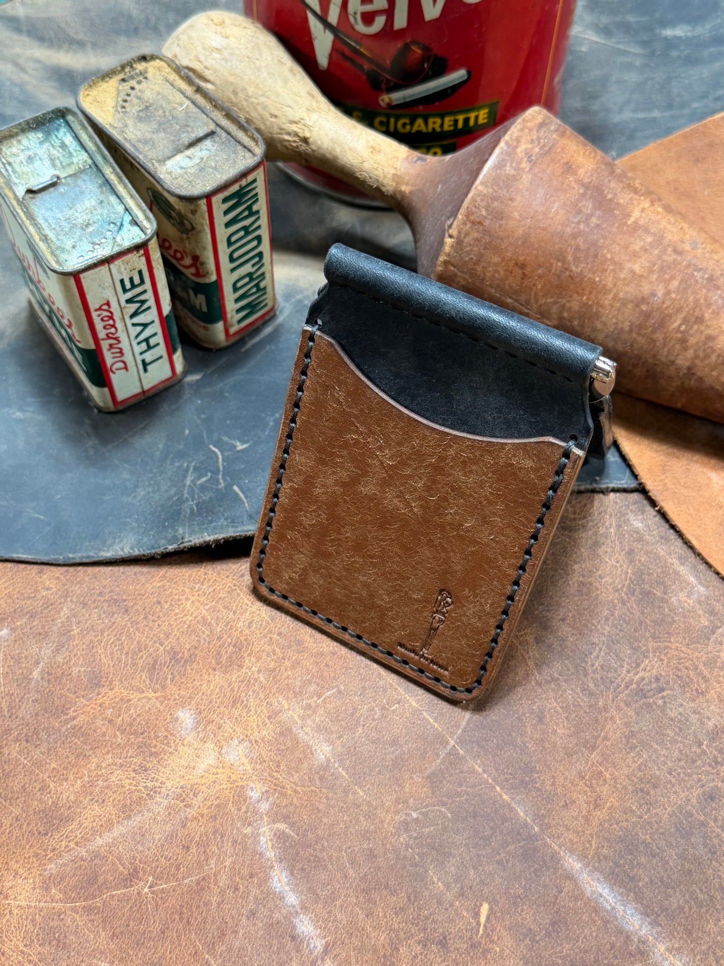 Hand Made Full Grain Leather Money Clip Front Pocket Wallet in Black and Dark Brown