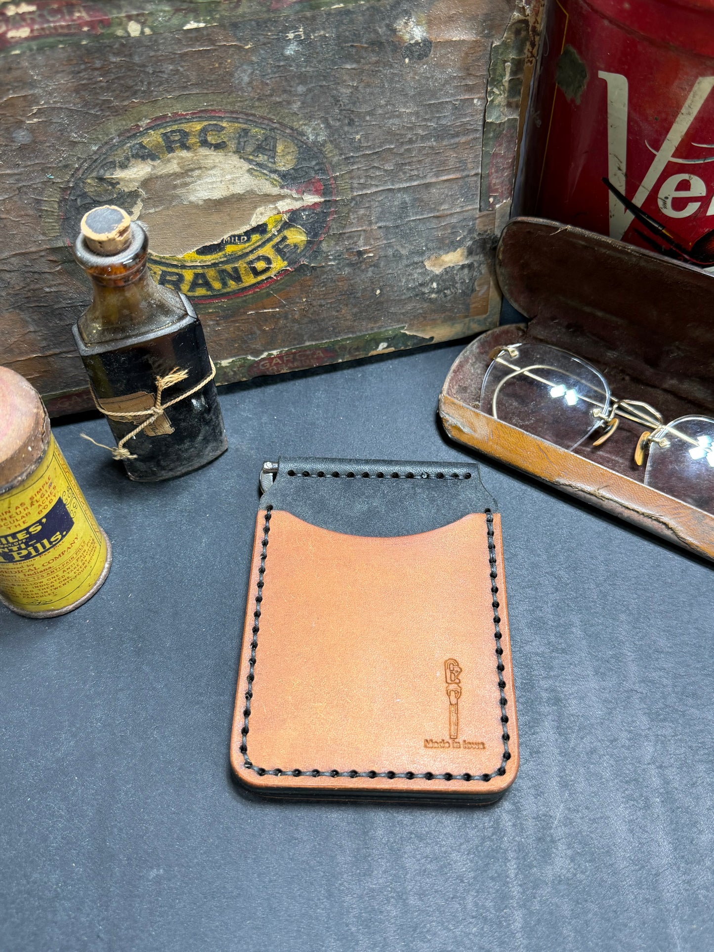 Hand Made Full Grain Leather Money Clip Front Pocket Wallet in Nero and Cognac