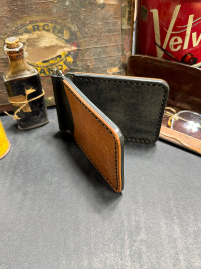 Hand Made Full Grain Leather Money Clip Front Pocket Wallet in Nero and Cognac