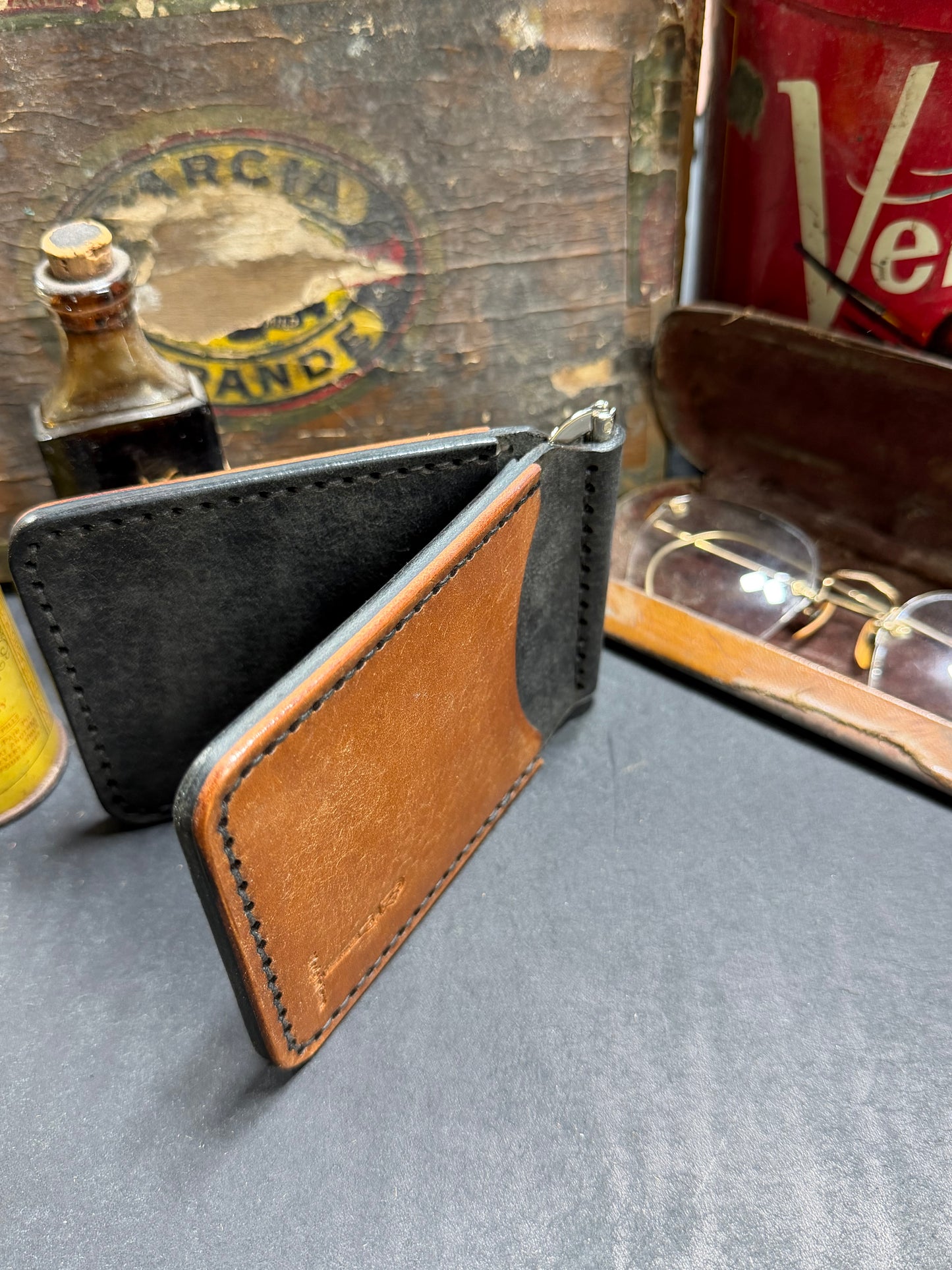 Hand Made Full Grain Leather Money Clip Front Pocket Wallet in Nero and Cognac