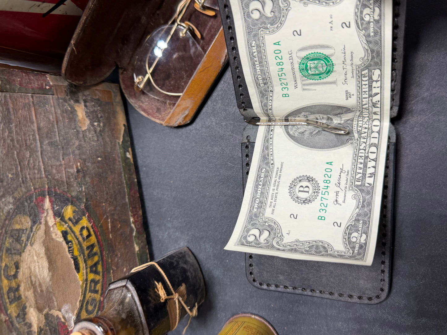 Hand Made Full Grain Leather Money Clip Front Pocket Wallet in Nero and Cognac